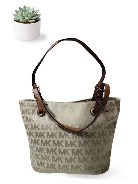 Michael Kors Handbags - Michael Kors Jet Set Medium Travel Tote Beige MK Monogram Canvas Shoulder Bag
